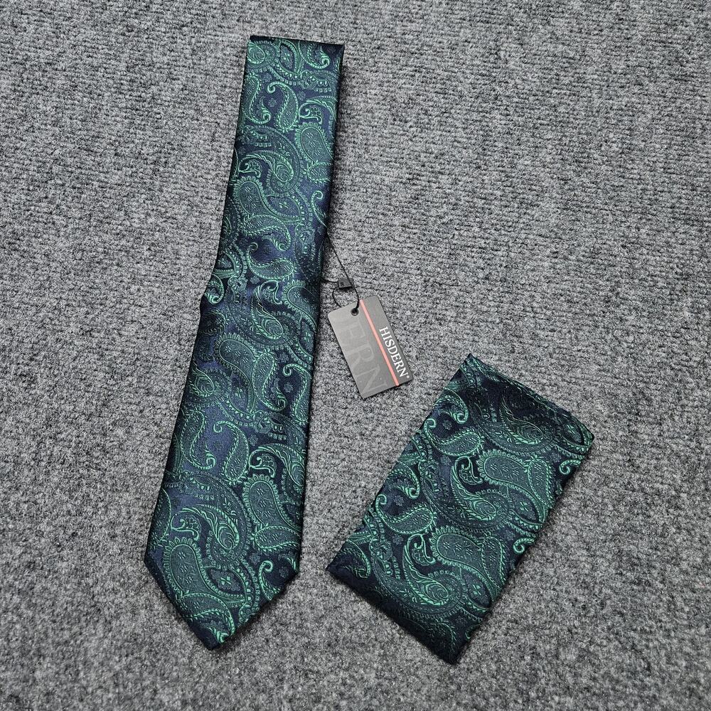 NWT Hisdern Necktie Matching Pocket‎ Square Paisley Tie Navy Blue Green